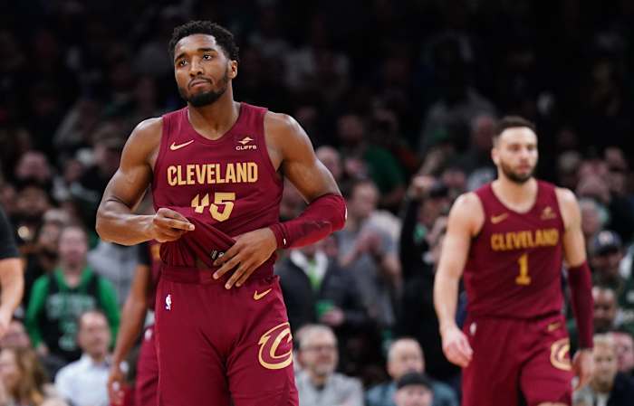 Dec 12, 2023; Boston, Massachusetts, USA; Cleveland Cavaliers guard Donovan Mitchell (45) reacts after being defeated by the Boston Celtics in the second half at TD Garden.